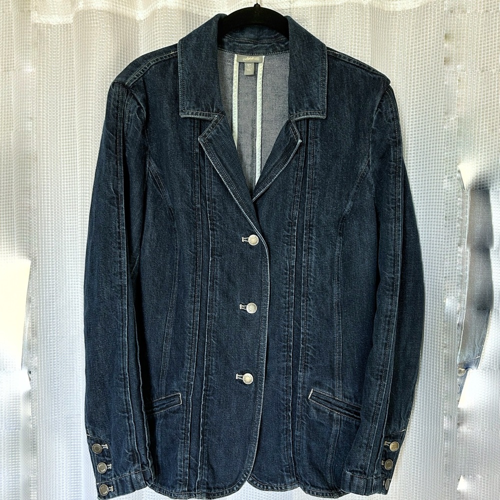 J. Jill Dark Wash Denim Blazer Jacket – Tailored Jean Jacket – Indigo - Tall
